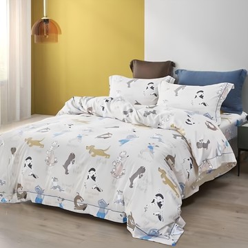 台灣天絲床包枕套組 可愛小狗圖案 輕柔透氣舒適睡眠  單人  瑜珈派對 灰白色  1組  枕套 + 床包