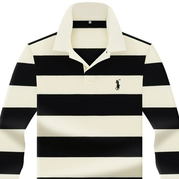 【新款熱賣】菠蘿紋面料男長袖POLO衫翻領撞色條紋設計商務休閑刺繡小馬標上衣