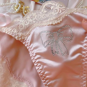 綢面內褲性感女士系帶綁帶火辣低腰蕾絲蝴蝶結帶鉆純棉襠黑色純欲