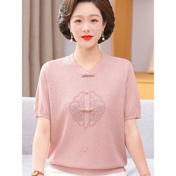 新中式媽媽夏裝短袖T恤母親節上衣中老年女夏季冰絲國風小衫套裝