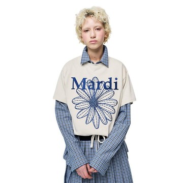 韓國 Mardi Mercredi TSHIRT FLOWERMARDI NEEDLEWORK 韓製 雛菊短袖T恤 淺米色藍色LIGHTBEIGE BLUE