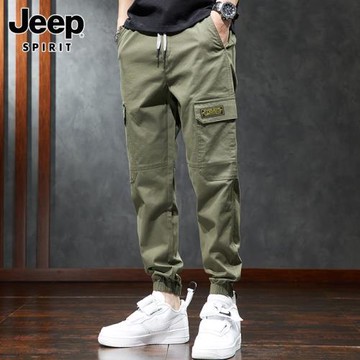 吉普休閑褲男士2025冬季潮牌加絨加厚束腳工裝褲寬松運動九分褲男