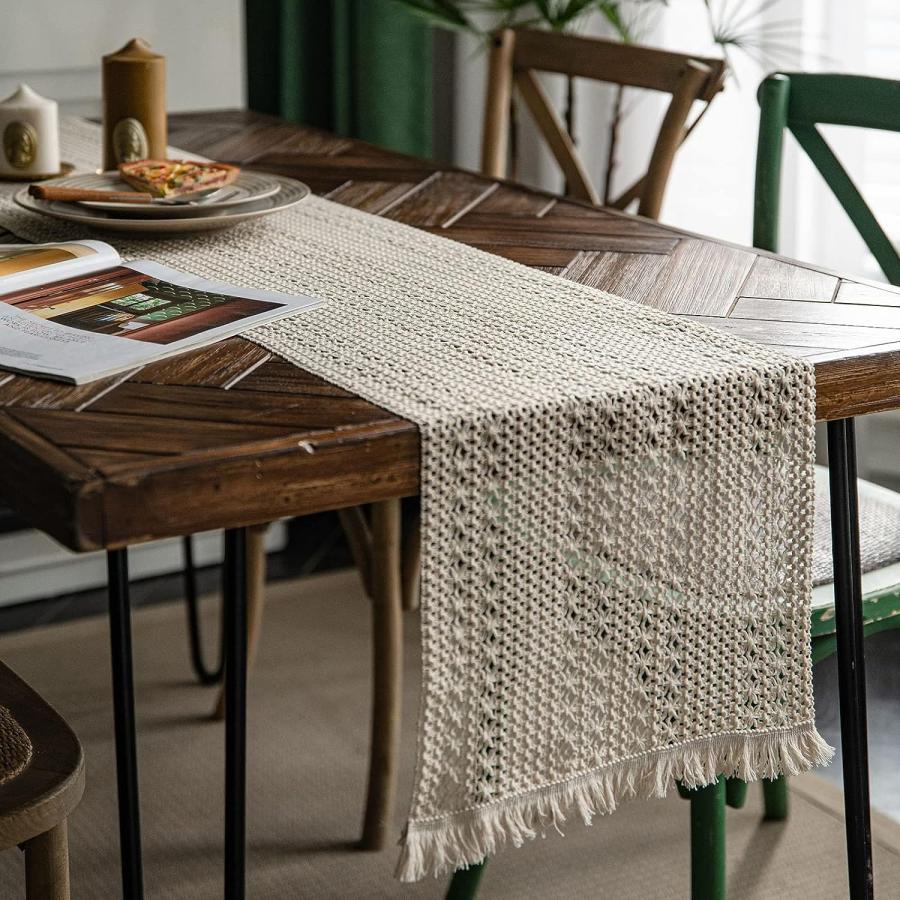 Hsvanyr Farmhouse Long Macrame Table Runner Cotton Linen with Tas