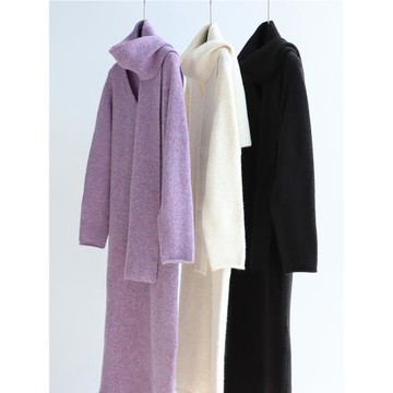 外貿配圍巾V領連衣裙寬松直筒秋冬毛衣裙寬松百搭連衣裙長裙厚