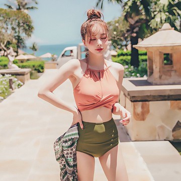 現貨+預購 泳衣兩件式比基尼-拼色鏤空復古高腰女泳裝73zt13【獨家進口】【米蘭精品】