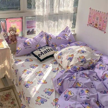 【少女心四件套】【熱款】日系可愛紫色小熊卡通四件套床單被套雙人床上用品學生宿舍三件套