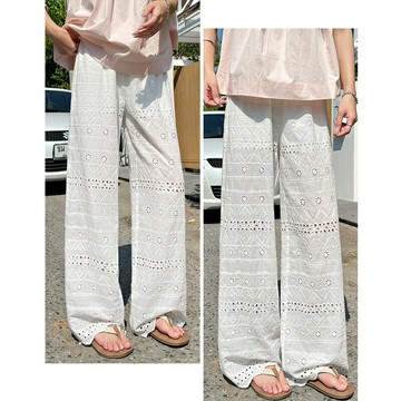 現貨+預購 女高腰冰絲長褲天絲寬褲顯瘦薄款垂感直筒褲休閒西裝褲-度假款鏤空蕾絲74ls17【獨家進口】【米蘭精品】