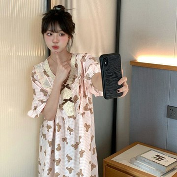 【台灣出貨】Glove 300斤 小香風 睡裙 女 寬鬆 過膝 慵懶風 ins風 防凸點 學生 蕾絲花邊 家居服 居家服