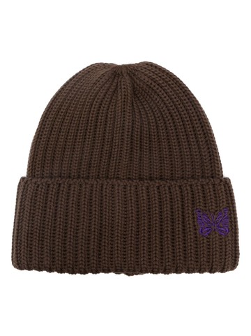 Needles - logo-embroidered ribbed-knit beanie - men - Wool/Rayon - One Size - Brown