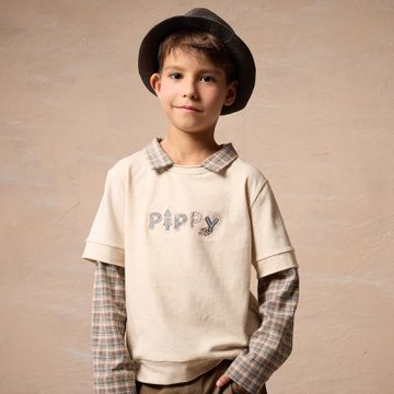 PIPPY 經典格紋翻領雅痞假兩件長袖上衣 米白-145