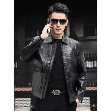 (免運)輕奢美式真皮鱷魚紋綿羊皮翻領機車皮衣男中青年海寧皮夾克薄款潮