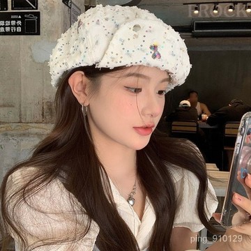 【FROCK】白色雲朵貝雷帽女夏款複古小衆顯臉小亮片八角帽大頭圍 亮片帽子 休閒帽 遮陽帽