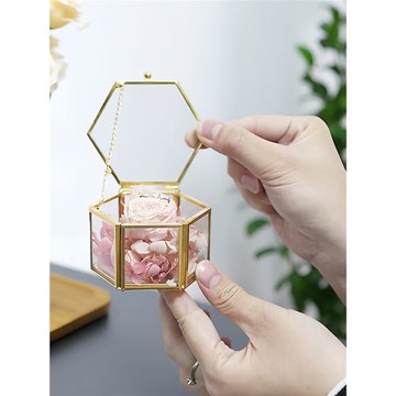 森系永生花diy婚禮戒指盒透明玻璃金色首飾盒收納盒飾品盒小清新