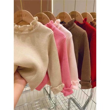 2025秋季新品女孩毛衣洋氣半高領純色打底衫女寶寶木耳邊領針織衫