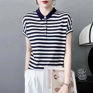 歐洲站紐扣polo領條紋針織衫女夏季新款氣質百搭黑白拼色立領短袖