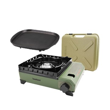 IWATANI 戶外防風究極綠武士磁式瓦斯爐3.3kW-附收納盒-日本製-搭贈岩谷方型不沾烤肉盤(CB-ODX-1-OL+CB-A-TPP)