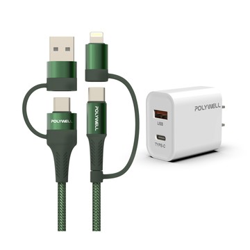 POLYWELL 四合一充電線快充組 30W快充頭+四合一編織快充線 2M