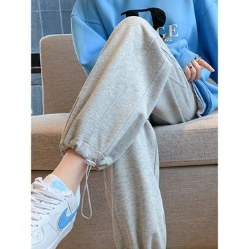 灰色運動褲女秋冬加絨寬松直筒小個子束腳衛褲春秋休閑九分闊腿褲