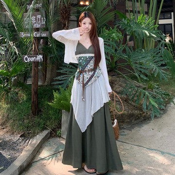 L-4XL 波西米亞風鉤花上衣+半身裙開衫三件套 大尺碼洋裝 旅遊出片穿搭 森系洋裝 復古套裝 田園風森女長裙 顯瘦洋裝
