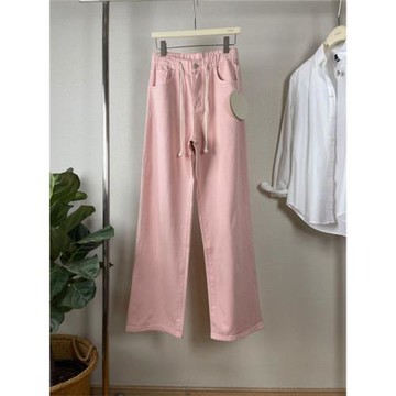 Mo24早春限定粉色直筒寬松牛仔褲長褲子抽繩松緊腰高腰顯腿長