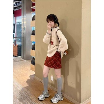 秋冬復古毛巾繡圣誕小熊套頭毛衣女寬松慵懶風圓領針織衫打底上衣