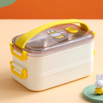 預購【Miffy 米菲兔商店】Miffy 米菲兔經典款 提手不鏽鋼雙層便當盒 1400ml - 黃色