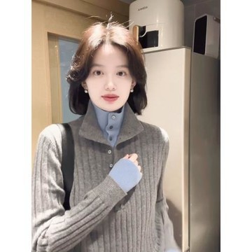 法式灰色高級感假兩件針織衫女春秋季短款修身高領打底衫內搭上衣