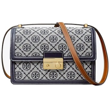 TORY BURCH T Monogram系列 緹花編織雙TLogo肩/斜背包 (海軍藍)