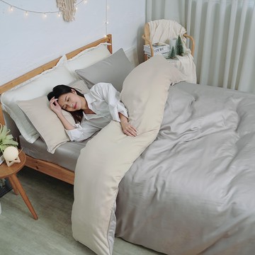 BUHO 布歐 絲滑星鑽 100支純天絲床包枕套3件組  King Size  日景初微 米白色 + 淺灰色