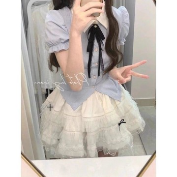 【砂糖夢境】韓系甜美減齡小清新撞色POLO領襯衣高腰設計感蓬蓬裙套裝裙夏季女