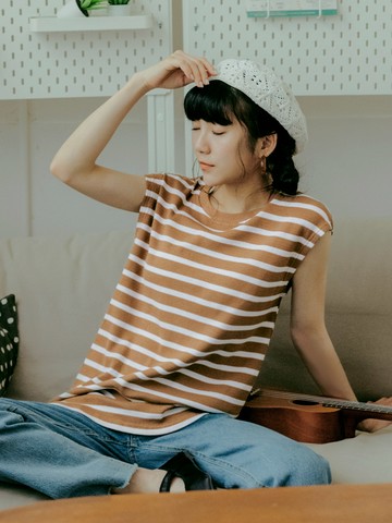 棉質針織條紋側開衩落肩背心上衣
