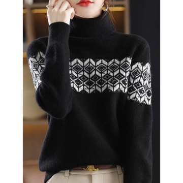 秋冬新款針織高領羊絨衫女長袖韓版提花套頭拼色毛衣打底純羊毛衫