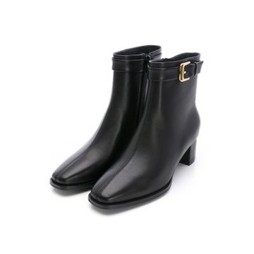viina簡約方釦羊皮粗跟短靴－黑