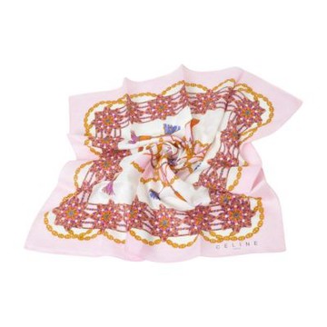 CELINE 繽紛奢華金鍊繩結流蘇浮水印LOGO圖騰大帕領巾(淡粉紫/白色/58CM)