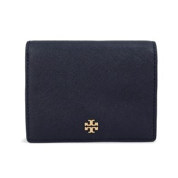 TORY BURCH EMERSON 雙T LOGO防刮皮革壓扣對開式短夾(深藍色)
