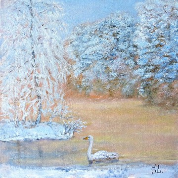 冬季風景手工油畫牆藝術天鵝河雀日出粉紅色的天空