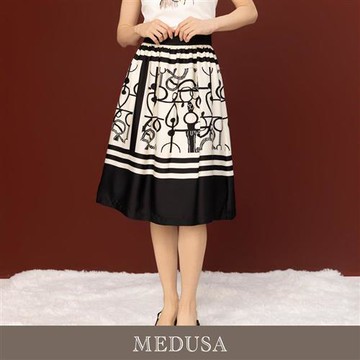 現貨【MEDUSA 曼度莎】台灣製 古典印花黑白絲綢裙（M-XL）｜氣質長裙 絲綢裙 優雅裙裝