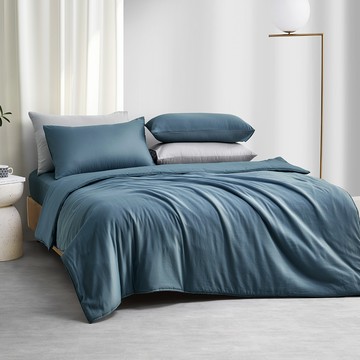 床寢時光 高質感素色石墨烯天絲 質感深海藍  被套床包枕套組  雙人