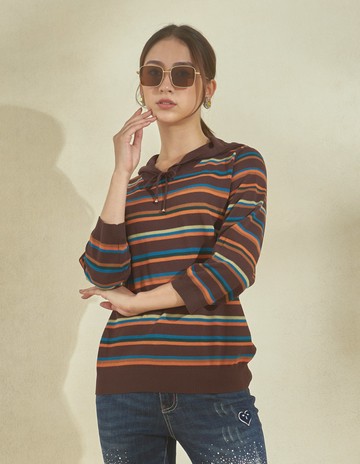 ★【喜芝梅】清新型格 學院風多彩條紋連帽休閒針織上衣(兩色；F) 224160777