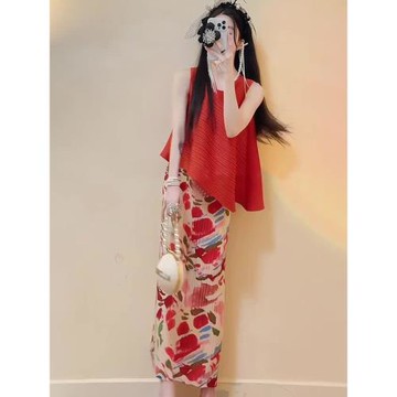 【清倉】三宅夏韓版甜美穿搭女寬松斜擺套裝背心上衣碎花百褶半裙