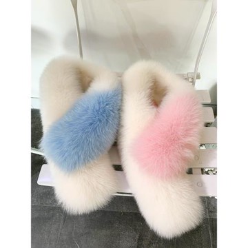 粉藍色狐貍毛圍巾夾子款真毛皮草圍脖不規則撞色秋冬保暖毛領子