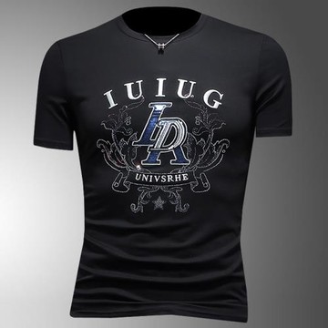 2025夏季新款圓領短袖T恤男裝絲光棉潮牌刺繡亮片修身半袖體恤衫T