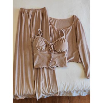 帶胸墊睡衣女秋冬季海島絨三件套裝性感純欲風甜美加絨保暖家居服