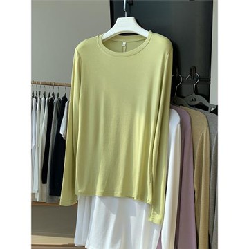 綠色彈力顯瘦百搭長袖T恤女秋季圓領打底衫基礎純色內搭上衣潮