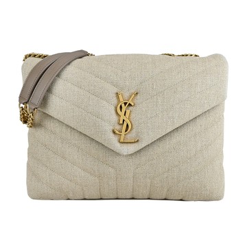 YSL SAINT LAURENT LOULOU V字縫線帆布斜肩背包(中號/米色)