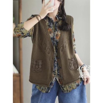 春季新款復古文藝無袖棉線馬甲女寬松V領針織衫上衣開衫馬夾背心