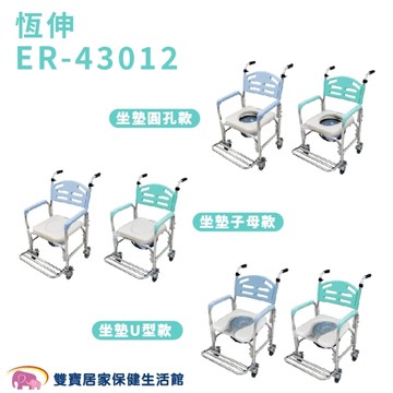 恆伸 有輪便盆椅 ER-43012 圓孔坐墊 (馬桶/洗澡/便器椅)