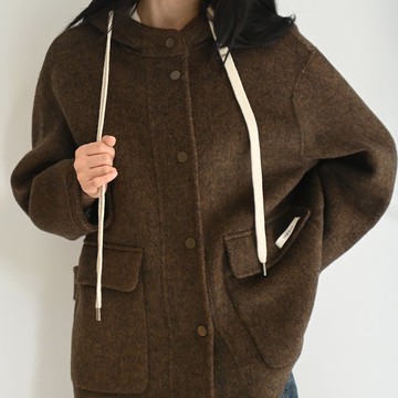 方袋口白色抽繩-連帽羊毛大衣-咖啡色