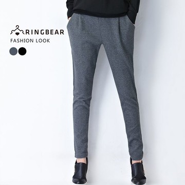 鉛筆褲--休閒時尚歐美風格鬆緊腰間裝飾車褶雙口袋窄管褲/鉛筆褲(黑.灰XL-4L)-P127眼圈熊中大尺碼