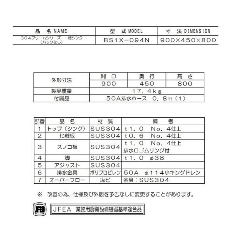 BS1X-094N SUS304仕様 マルゼン 一槽シンク BGなし | LINEショッピング